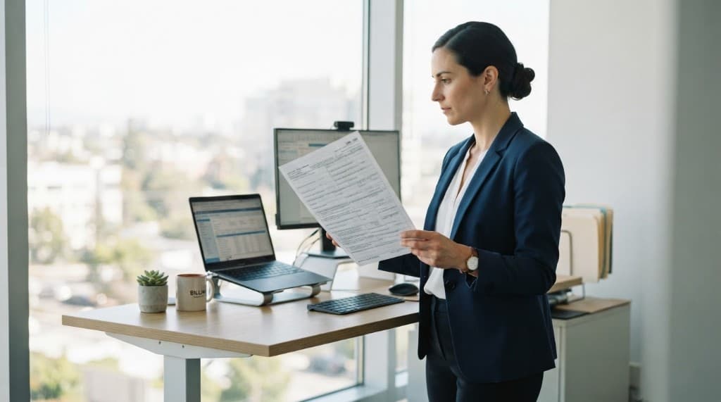 Medical biller preparing a dispute submission at a standing desk