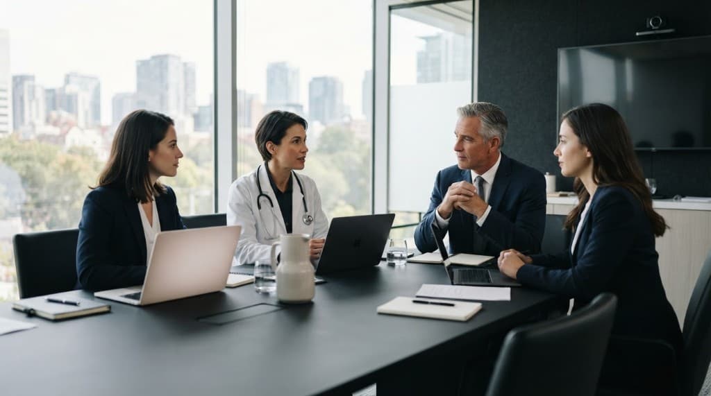 Advisors reviewing an out of network claim summary across a boardroom table