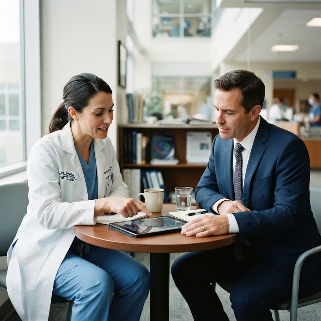 Clinician and a practice advisor reviewing claim figures on a tablet in a hospital lobby