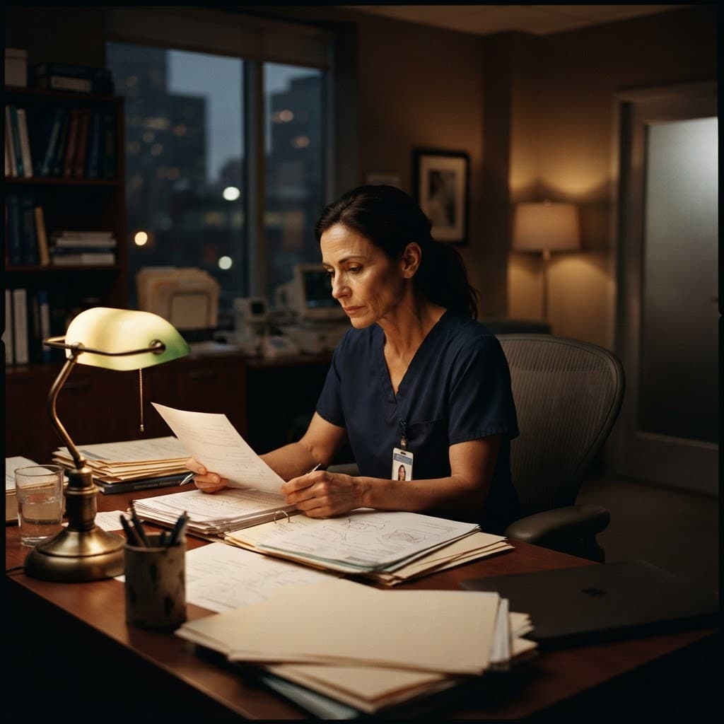 Clinician in scrubs working through claim paperwork under a desk lamp after hours