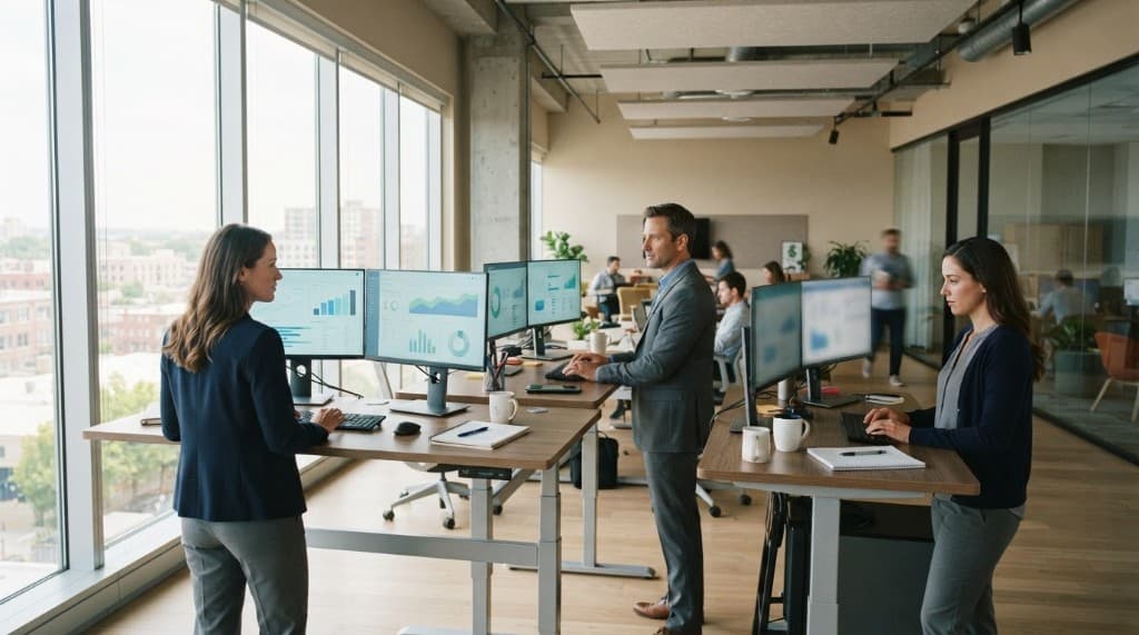 Revenue cycle office with claim status dashboards across several workstations