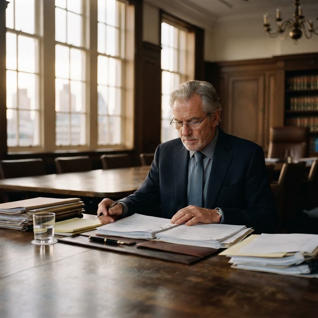 Senior attorney working through stacked case files at a long boardroom table