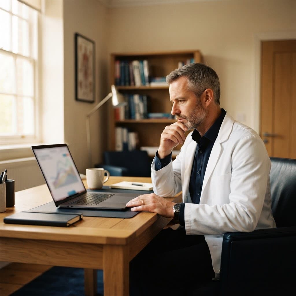 Surgeon in a white coat reviewing claim data on a laptop in a quiet office