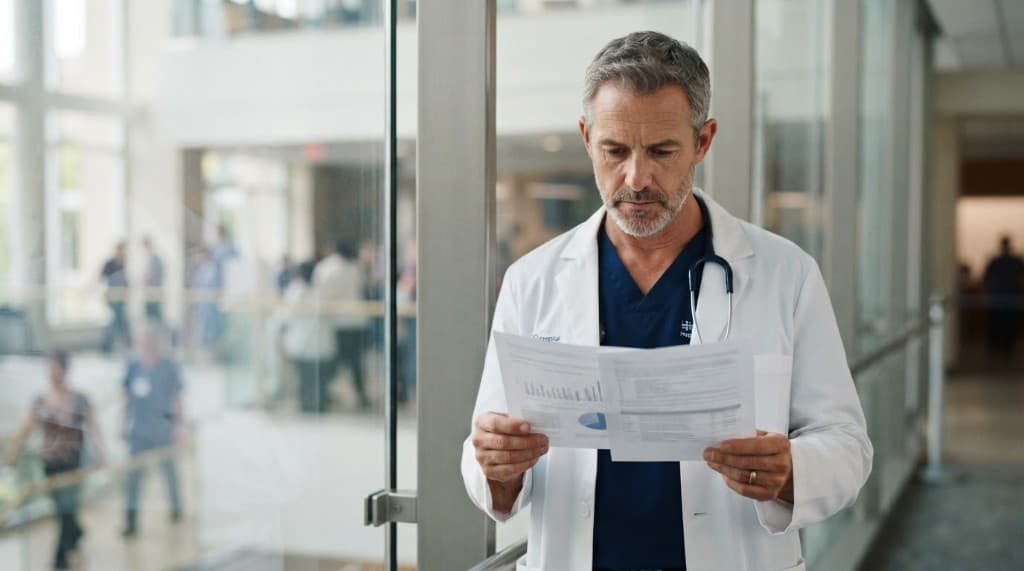 Surgeon reviewing a payer remittance in a hospital corridor